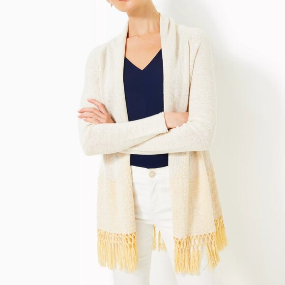 Lilly Pulitzer Tatum Fringe Hem Open Cardigan Cotton Blend Beige Gold Metallic - Picture 1 of 15